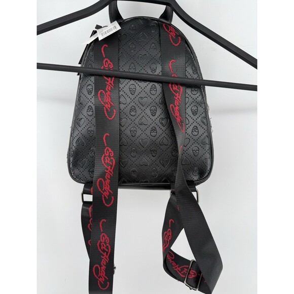 NEW ED HARDY Cara Black Heart Skull Print Mini Vegan Backpack Adjustable